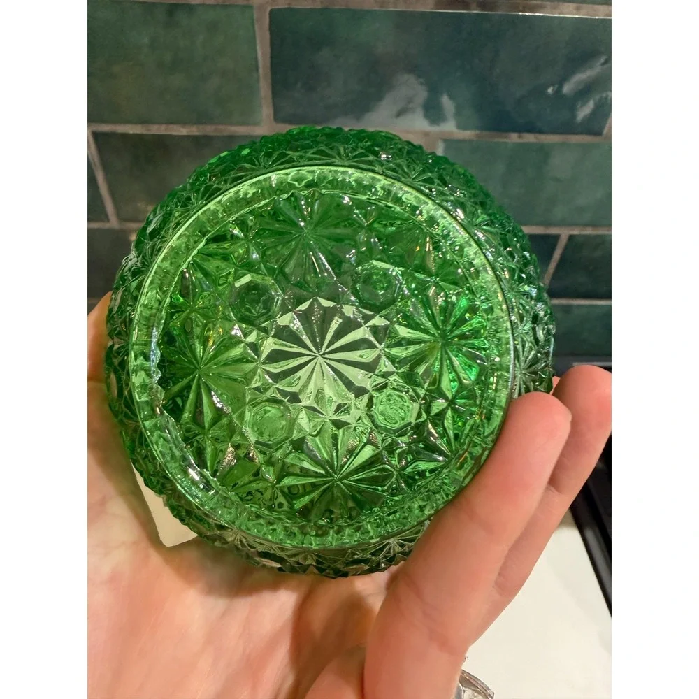 Green Daisy Button Glass Rose Bowl Vase with Ruffled/Crimped Rim Candle Holder